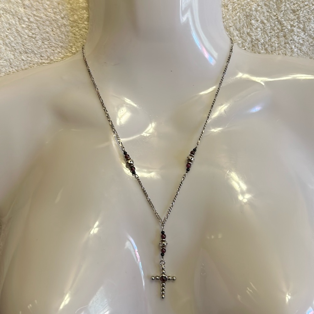 Beautiful Vintage 17” 925 Sterling Silver Beaded Cross Necklace adjustable